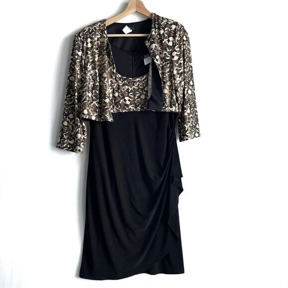 MSK gold and black dress with cropped bolero style jacket sz 14 metallic pattern - Picture 1 of 14